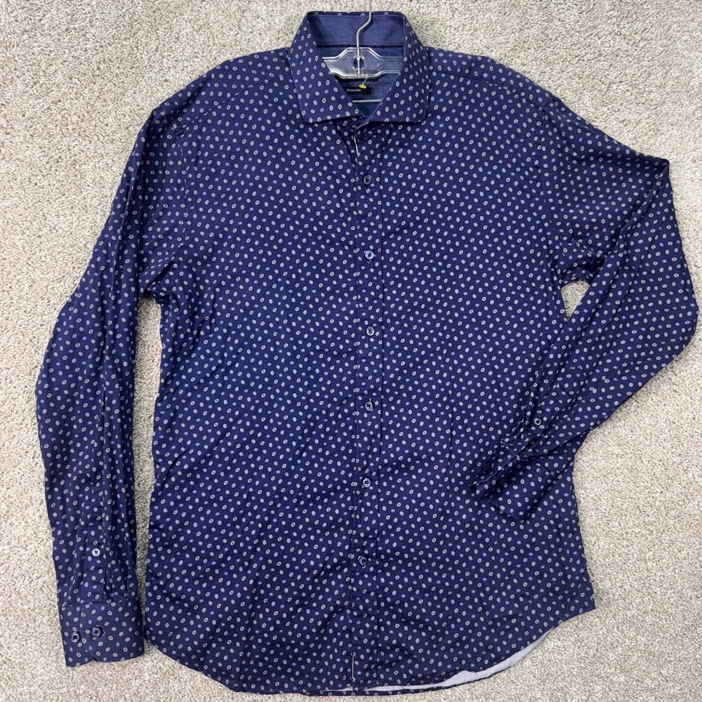 Bugatchi Shirt Mens L Shaped Fit Blue Geometric Button-Down EUC